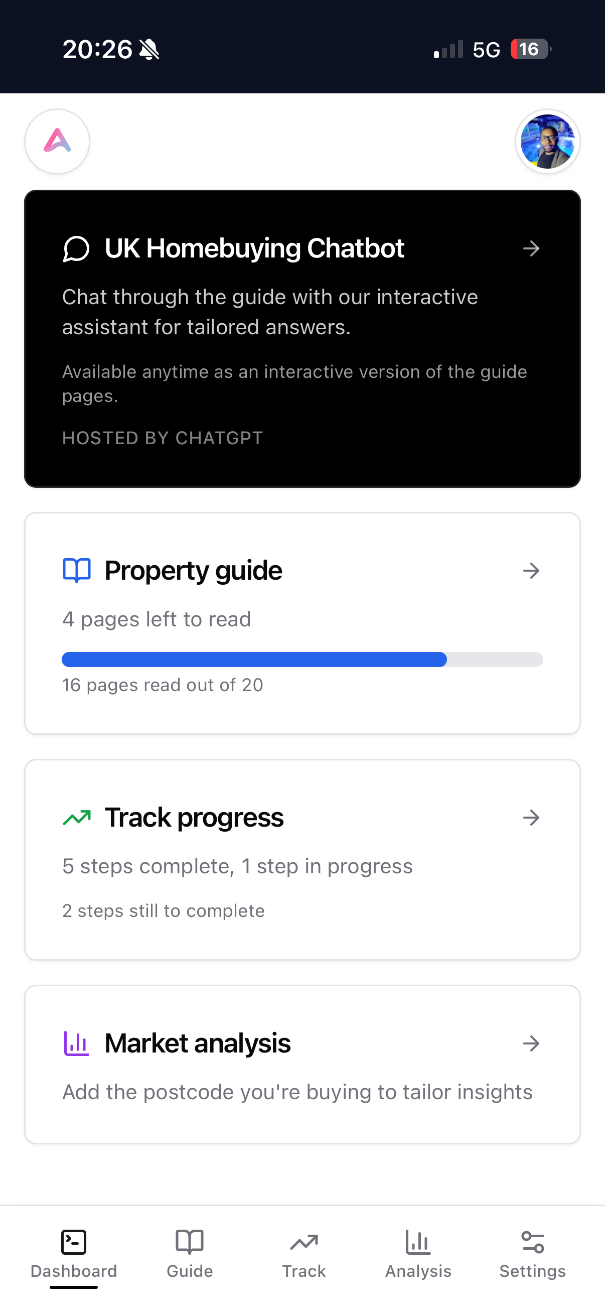AWHOMEY mobile home screen showing Learning Guide, Progress Tracker, and Market Analysis cards